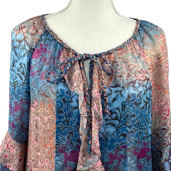 Diane Von Furstenburg Silk Blue Pink Peelo Blouse Size 4 Sheer Chiffon - Picture 2 of 16